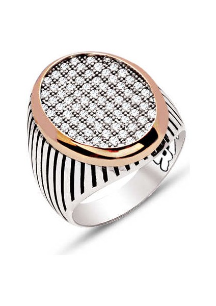 Gümüş Beyaz Zirkon Taşlı Çizgili Kasa Erkek Yüzük