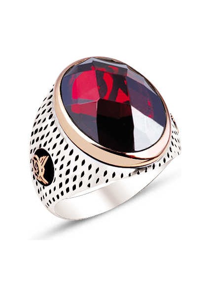 Gümüş Kırmızı Faset Taşlı Nokta Kasalı Yüzük