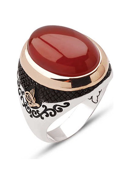 Gümüş Kapşon Akik Taşlı Kenarları Osmanlı Tuğralı Yüzük