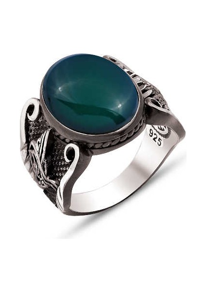 Gümüş Kapşon Yeşil Akik Taşlı Kenarları Osmanlı Devlet Armalı ve Osmanlı Tuğralı Yüzük