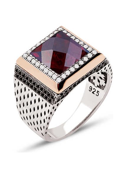 Gümüş Kırmızı Faset Taşlı Yanları Beyaz Zirkon Süslemeli Kare Model Erkek Yüzük