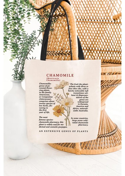 Siyah Kulplu Krem Kanvas Chamomile Baskılı Bez Çanta modelleri
