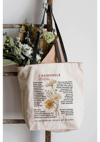 Siyah Kulplu Krem Kanvas Chamomile Baskılı Bez Çanta fırsatları