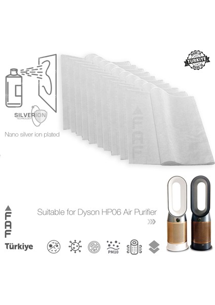 10 Adet Dyson HP06 Uyumlu Gümüş Iyonlu Elektrostatik Toz Tutucu Ön Filtre