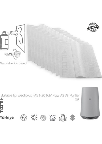 10 Adet Electrolux FA31-201GY Flow A3 Uyumlu Gümüş Iyonlu Elektrostatik Toz Tutucu Ön Filtre