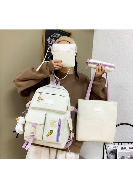 Yeni Tuval Sırt Çantası Kolej Kız Harajuku Yüksek Kapasiteli Dört Parçalı Lise Sırt Çantası Okul Çantası Kore Versiyonu (Yurt Dışından) fırsatları