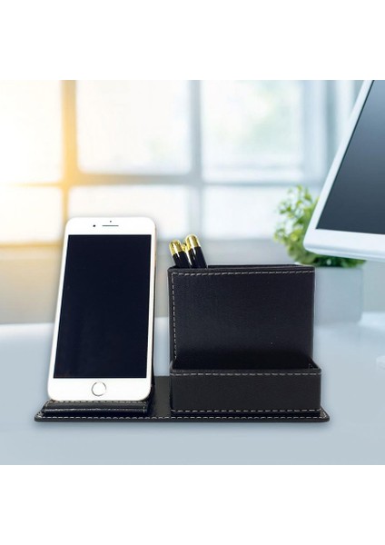 Siyah Suni̇ Deri Masa Seti Telefon Tutuculu