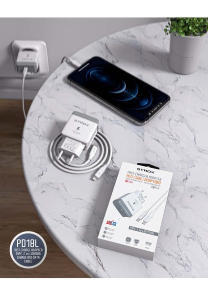 Apple Iphone Uyumlu Hızlı Şarj Aleti 18W Usb-C Kablo+Adaptör 11-12 Pro Syrox PD18L