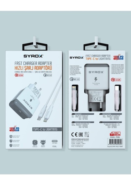 IPHONE12,12 Pro Max 18W Uyumlu Adaptör ve Şarj Aleti+Kablo (Set Halinde Gönderim) Syrox PD18L