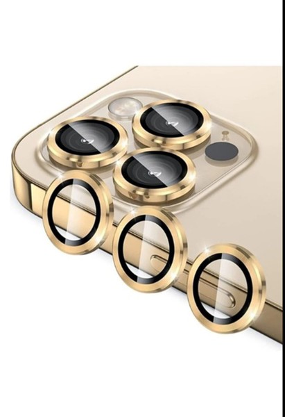 Iphone 14 Pro Kamera Koruyucu Lens Mercek Metal Çerçeveli Set Gold Altın