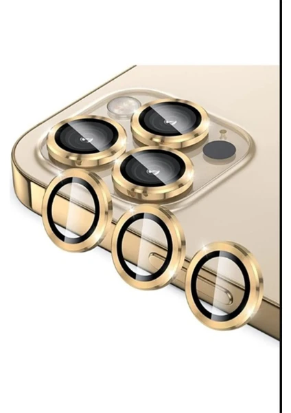 Iphone 14 Pro Kamera Koruyucu Lens Mercek Metal Çerçeveli Set Gold Altın