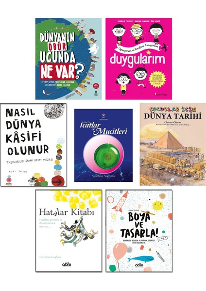 Çocuklar Için Dünya Tarihi + Icatlar Atlası + Duygularım + Dünyanın Öbür Ucunda Ne Var? + Hatalar Kitabı + Nasıl Dünya Kaşifi Olunur? + Boya ve Tasarla! / 7 Kitap Set Çocuk Aktivite Kitapları