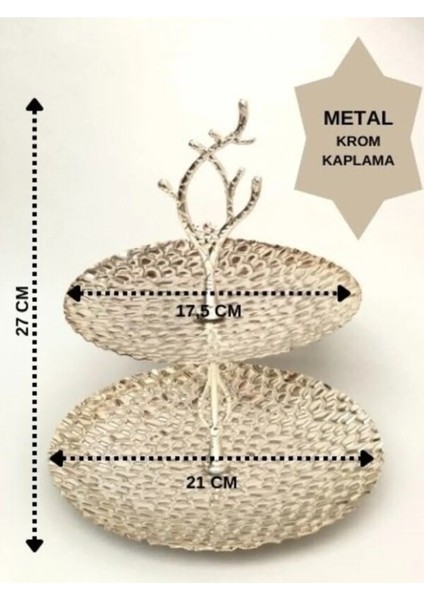 Quality Address İki Katlı Metal Sunumluk & Lokumluk & Çerezlik & Meyvelik (Gümüş)