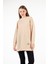 Kadın Camel Tunik Fitilli Tiril Kumaş Yırtmaçlı Tunik Armalı Oversize Tunik 5