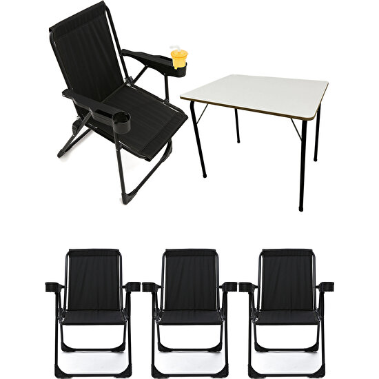 Moniev 4 Adet Kamp Sandalyesi Bardaklıklı Lüks Piknik Sandalye Siyah + Katlanır Mdf Masa