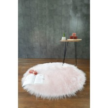Kürk Halı Yuvarlak 150X150   Pudra Puf Peluş Post Tüylü Dekoratif Puffy Kaymaz Yumuşak Shaggy Yolluk