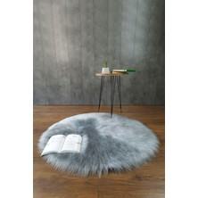 Kürk Halı Yuvarlak 60X60 Gri Puf Peluş Post Tüylü Dekoratif Puffy Kaymaz Yumuşak Shaggy Yolluk