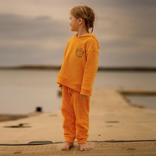 Antebies Organik Turuncu Havlu Kalp Nakışlı Beli Lastikli Bağcıklı Cepli Kapüşonlu Uzun Kollu Kız Çocuk Sweatshirt Eşofman Takımı