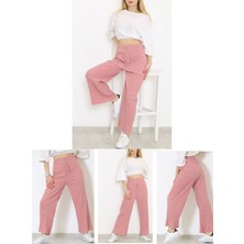 Secret Moda Yüksek Bel Yumuşacık Fitilli Beli Lastikli Günlük Rahat Kadın Pantolon Pembe