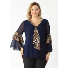 Moda Berray 4039 Lacivert/leopar  Volan Kollu Büyük Beden Bluz