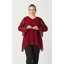 Moda Berray 1940 Kolu Jakarlı Şifon Büyük Beden Şık Bluz Bordo
