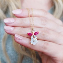 Vaoov 925 Ayar Gümüş Kadın Kırmızı Taşlı Çiçek Kolye