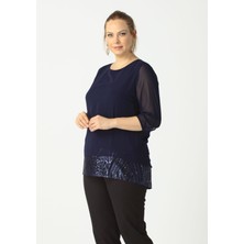 Moda Berray 4046 Lacivert Şifon -Payet Dantel Kombinli Büyük Beden Bluz