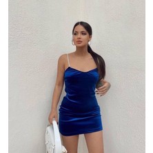 Rengamoda Kadın Askılı Taş Işlemeli Kadife Kumaş Mini Elbise (Renk Seçenekli)