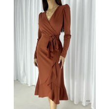 Moda Lavinia Krep Kumaş Midi Boy Kuşaklı Uzun Kol Elbise (Kiremit)
