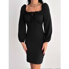 Rengamoda Kadın U Yaka Bağcık Detay Balon Kol Bürümcük Kumaş Elbise (Renk Seçenekli)