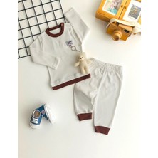 Derin Bebe Neşeli Bebekler Oyuncaklı Çizgili Iki Iplik Kumaş Takım Beyaz