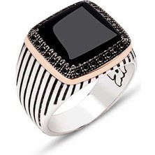 Amberkan Gümüş Oniks Taşlı Çizgili Kasalı Yüzük