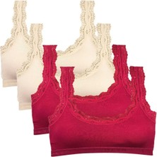 Royaleks 4 Adet Dantel Nakış İşlemeli Pedli Bambu Kadın Büstiyer Krem Bordo