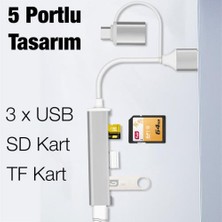 Coofbe 5in1 Type-C + USB Girişli Sd,tf ve USB Çevirici Adaptör, 3x Usb, 1x Tf, 1x Sd Çoğaltıcı Hub