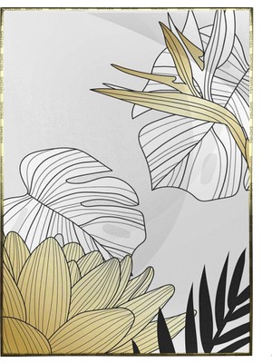 SHOP365 Çiçekler Yapraklar Siyah Gold Altın Beyaz Renkler Modern Poster P-003902