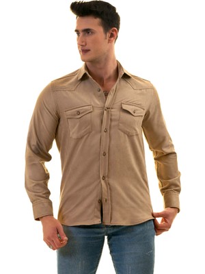 Exve Exclusive Bej Rengi Süet Çift Cepli Pamuk Western Stil Pamuk Slim Fit Gömlek
