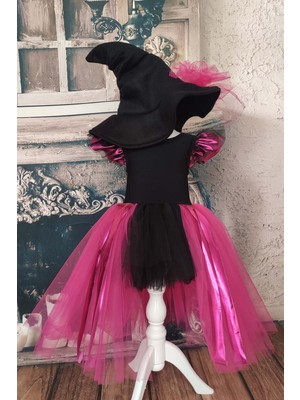 Shecco Babba Fuşya Siyah Asimetrik Kız Çocuk Tütü Cadı Elbise ve Şapkası, Doğum Günü Elbisesi