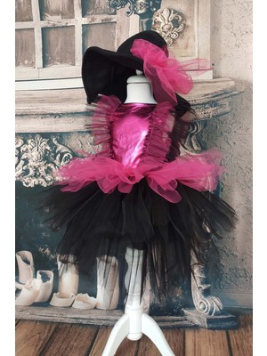 Shecco Babba Fuşya Siyah Kat Kat Kız Çocuk Tütü Cadı Elbise ve Şapkası, Doğum Günü Elbisesi