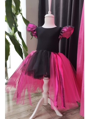 Shecco Babba Fuşya Siyah Asimetrik Kız Çocuk Tütü Elbise, Doğum Günü Elbisesi, Top Bandana