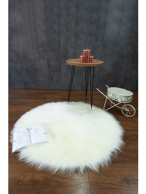 Kürk Halı Yuvarlak 150X150   Krem Puf Peluş Post Tüylü Dekoratif Puffy Kaymaz Yumuşak Shaggy Yolluk