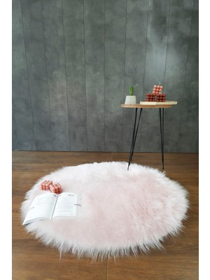 Kürk Halı Yuvarlak 150X150   Pudra Puf Peluş Post Tüylü Dekoratif Puffy Kaymaz Yumuşak Shaggy Yolluk