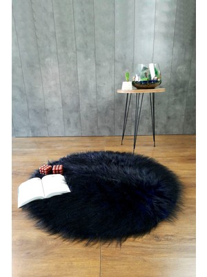 Kürk Halı Yuvarlak 150X150   Lacivert Puf Peluş Post Tüylü Dekoratif Puffy Kaymaz Yumuşak Shaggy Yolluk