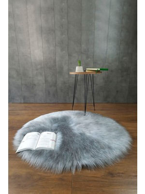 Kürk Halı Yuvarlak 60X60 Gri Puf Peluş Post Tüylü Dekoratif Puffy Kaymaz Yumuşak Shaggy Yolluk