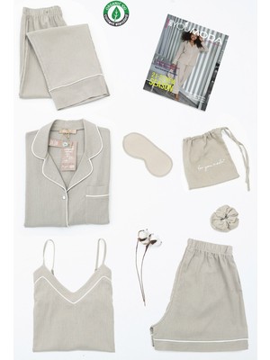 For You Moda Organik 7'li Beyaz Biyeli Pijama Takımı Taş S26746