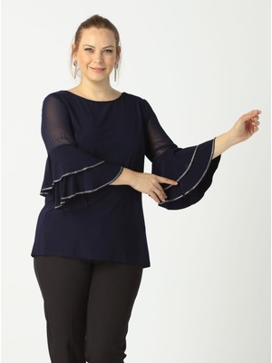 Moda Berray 4043 Lacivert Kolları Volanlı Şık Taşlı Esnek Kumaş Büyük Beden Bluz