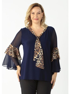 Moda Berray 4039 Lacivert/leopar  Volan Kollu Büyük Beden Bluz