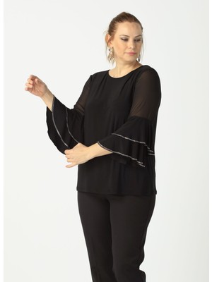Moda Berray 4043 Siyah Kolları Volanlı Şık Taşlı Esnek Kumaş Büyük Beden Bluz