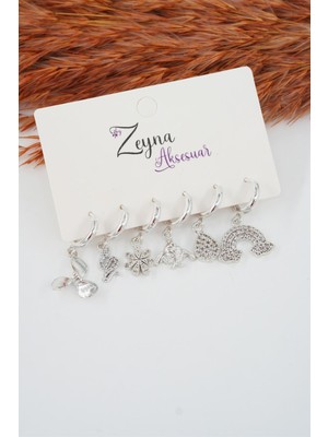 By Zeyna Aksesuar Kadın Karışık Figürlü Zirkon  6'lı Set Küpe