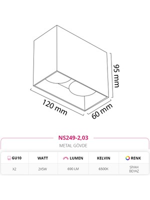 Nevo Sıva Üstü İkili Led Spot Siyah Beyaz Siyah 6500K Beyaz Işık NS249-2