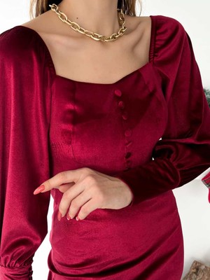 Rengamoda Kadın Midiboy U Yaka Düğme Detaylı Kadife Elbise (Renk Seçenekli)